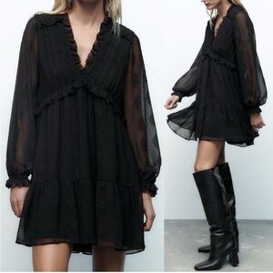 Zara Jacquard Mini Dress Long Sleeve Chiffon Babydoll Black Small Whimsigoth
